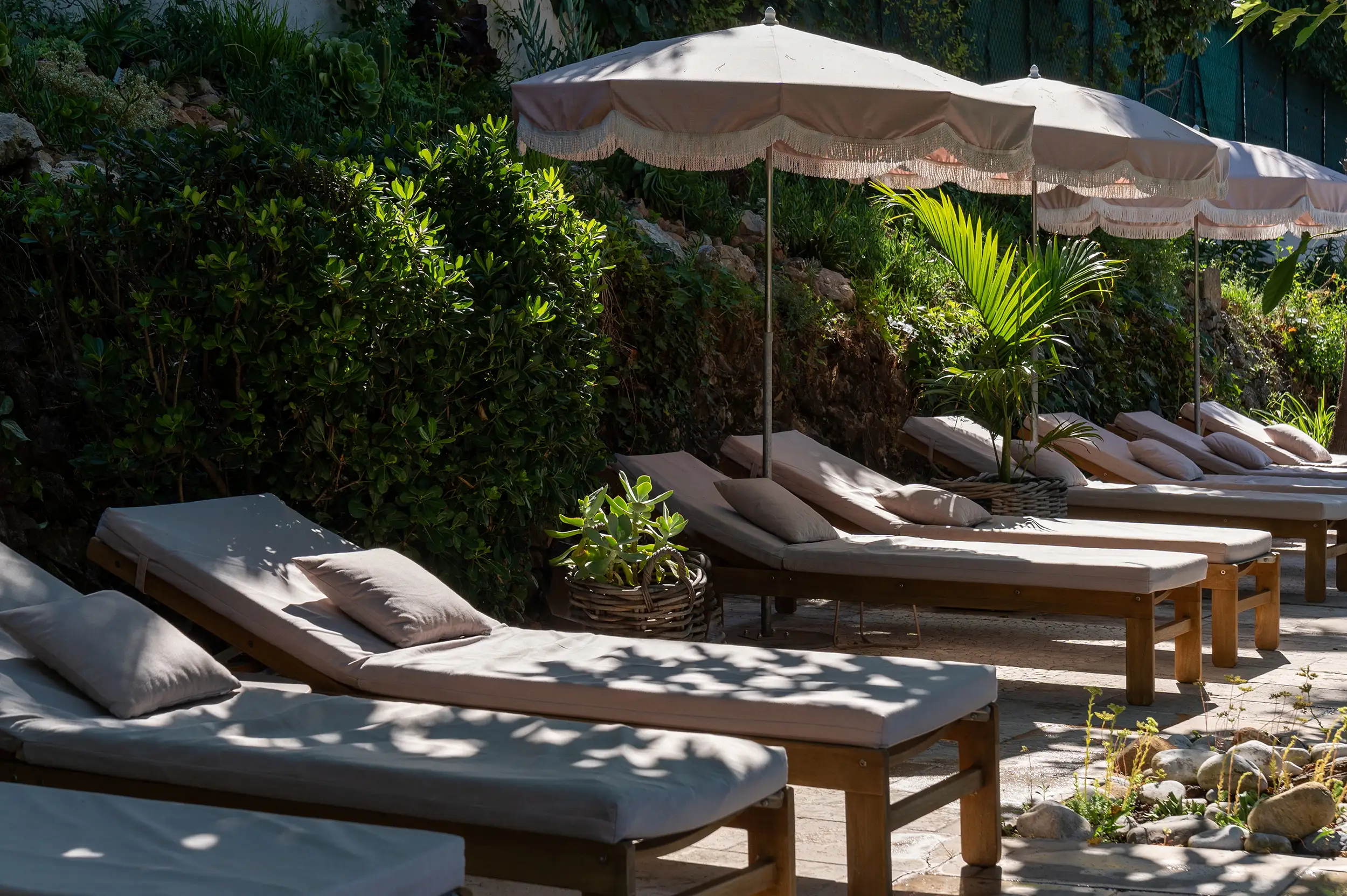 Peaceful boutique hotel pool under warm sun