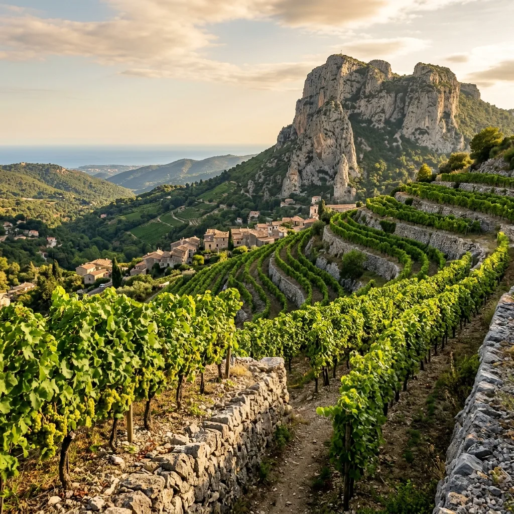 Vineyard on a hilltop in Saint-Jeannet with the Mediterranean sea in the far distance